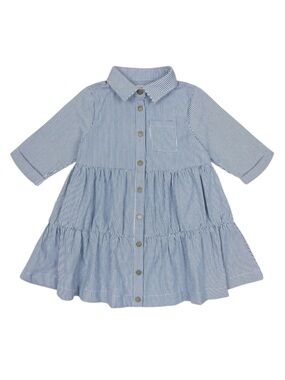 Teela Denim Pinstripe Tiered Dress Girls Sz 12 Button Down Collared Knee Length